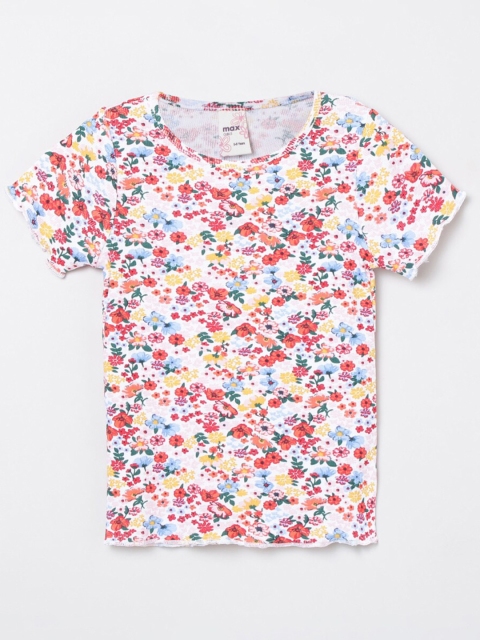 

max Girls White Red Floral Printed Pure Cotton T-shirt