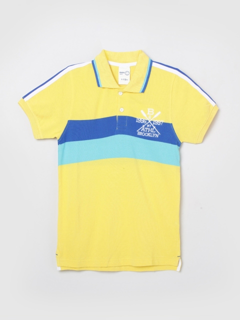 

max Boys Yellow & Blue Typography Striped Polo Collar T-shirt