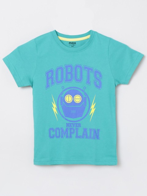 

max Boys Green Blue Typography Printed Pure Cotton T-shirt