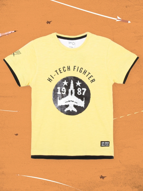 

max Boys Yellow Black Printed Cotton Pure Cotton T-shirt