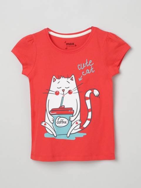 

max Girls Red and White Graphic Printed Cotton Pure Cotton T-shirt