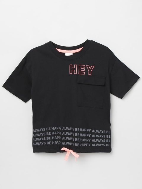 

max Girls Black & Pink Typography Printed Front Knot Cotton T-shirt
