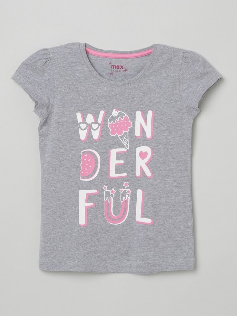 

max Girls Grey and Pink Typography Printed Cotton Pure Cotton T-shirt