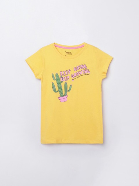 

max Girls Yellow Typography Printed Pure Cotton T-shirt