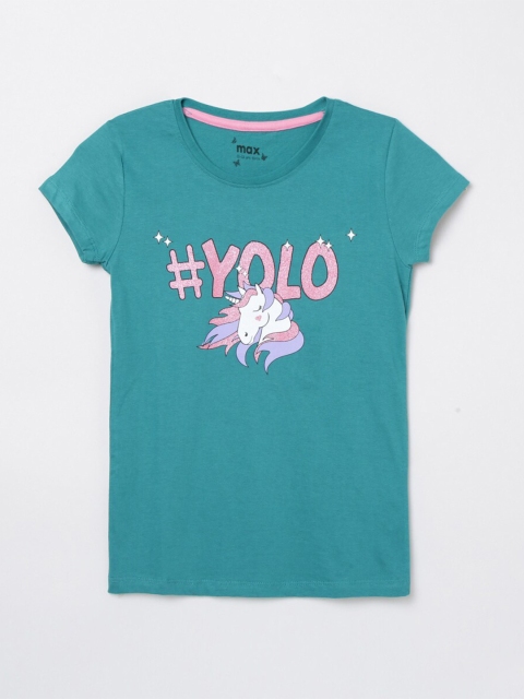 

max Girls Green Printed Cotton T-shirt