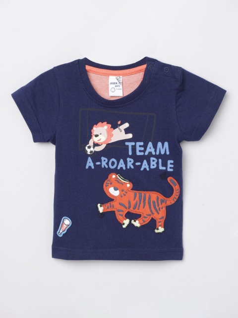

max Boys Navy Blue Orange Typography Printed Applique Cotton Pure Cotton T-shirt