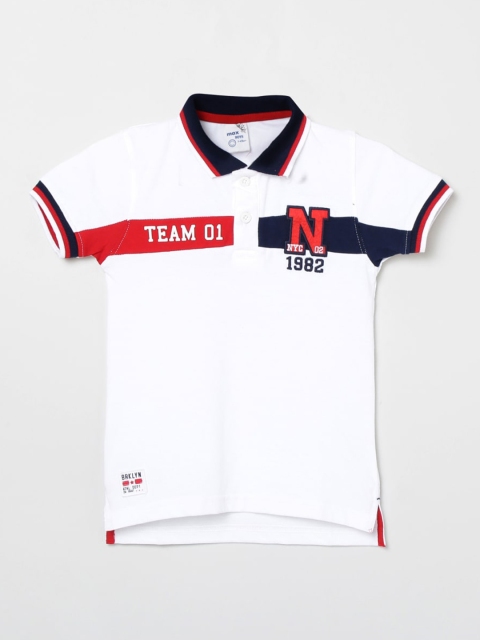 

max Boys White Blue Typography Printed Polo Collar Pure Cotton T-shirt