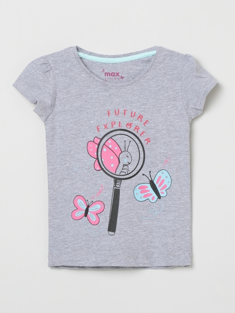 

max Girls Grey Typography Printed V-Neck Applique T-shirt