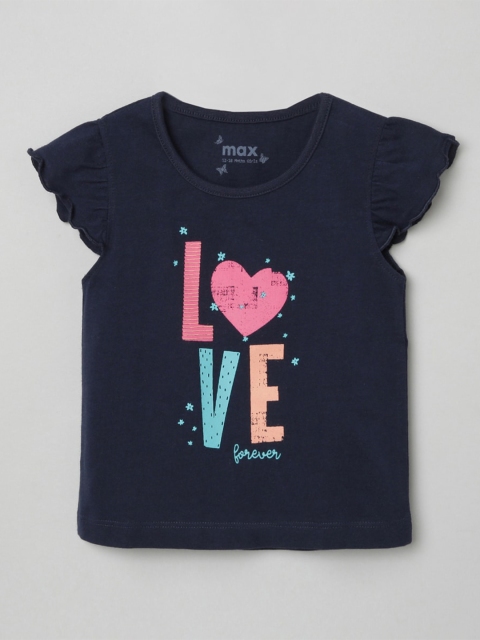 

max Girls Navy Blue & Pink Typography Printed T-shirt