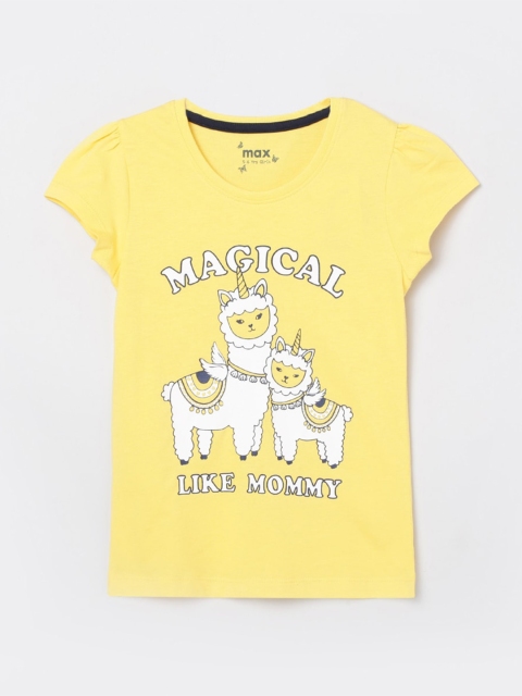 

max Girls Yellow Printed Puff Sleeves Pure Cotton T-shirt