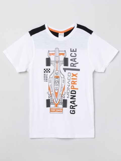 

max Boys White and Black Typography Printed Cotton Pure Cotton T-shirt