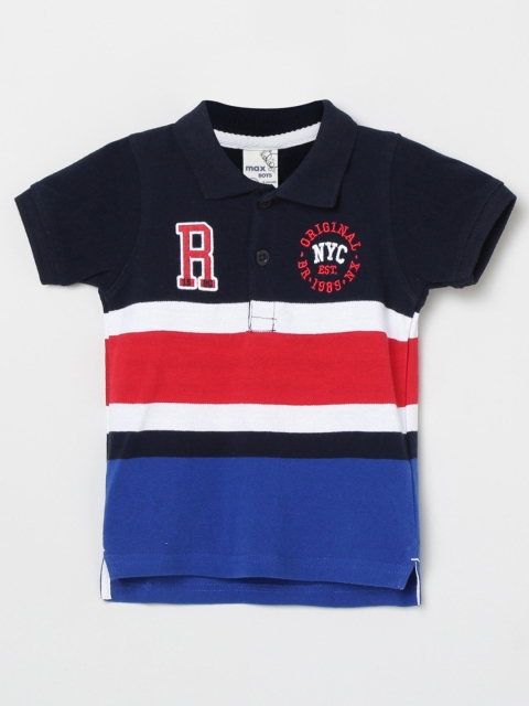 

max Boys Navy Blue and Red Striped Polo Collar Cotton Pure Cotton T-shirt