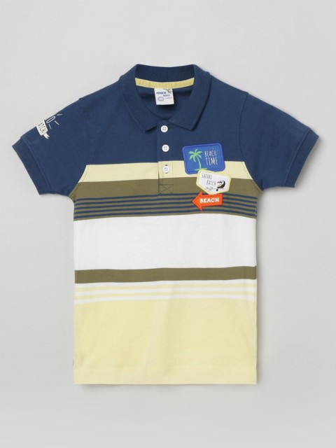 

max Boys Navy Blue White Striped Polo Collar Cotton Pure Cotton T-shirt