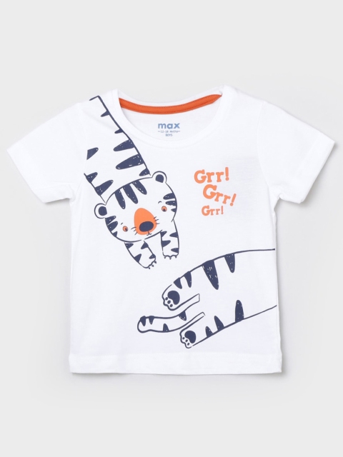 

max Boys White Black Printed Cotton Pure Cotton T-shirt