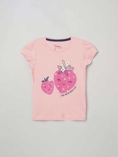 

max Girls Peach Printed Puff Sleeves Pure Cotton T-shirt