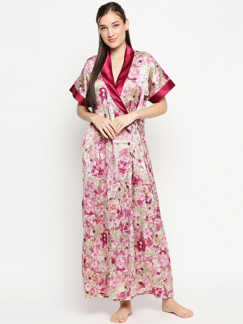 

Lady Love Women Maroon & Green Lingerie Printed Satin Robe