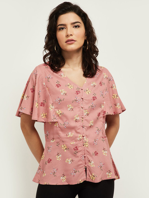 

max Pink Floral Printed Flared Sleeve A-Line Top