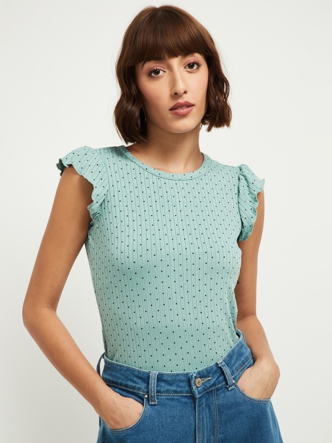 

max women Green & Black Polka Dots Printed Regular Top With Flutter Sleeve