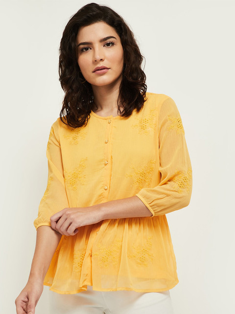 

max Yellow Floral Embroidered Puff Sleeve Cinched Waist Top