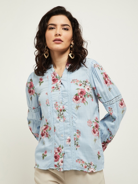 

max Blue Floral Mandarin Collar Shirt Style Top