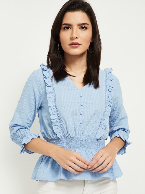 

max Blue Solid Ruffles & Smocked Cinched Waist Top