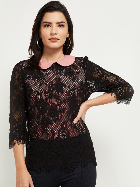 

max Pink & Black Peter Pan Collar Layered Blouson Top