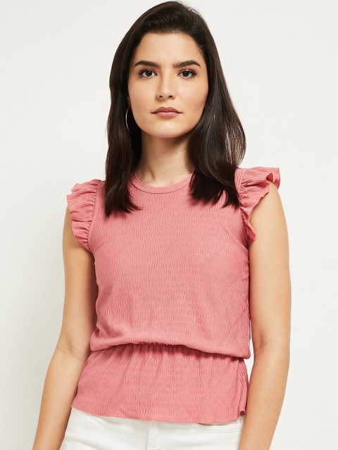 

max Pink Solid Flutter Sleeve Cinched Waist Top