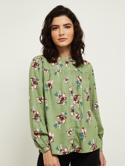 

max Women Olive Green Floral Printed Shirt Style Top With Mandarin Collar