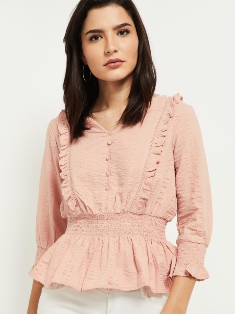 

max Peach-Coloured Puff Sleeve Cinched Waist Top