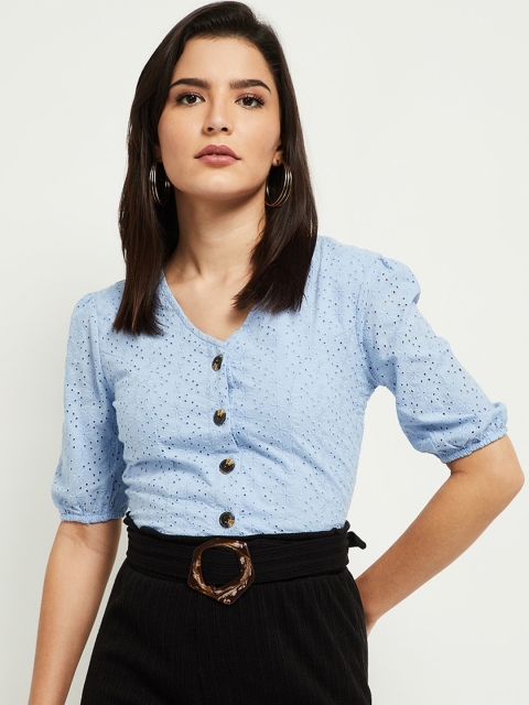 

max Blue Floral Pure Cotton Shirt Style Top