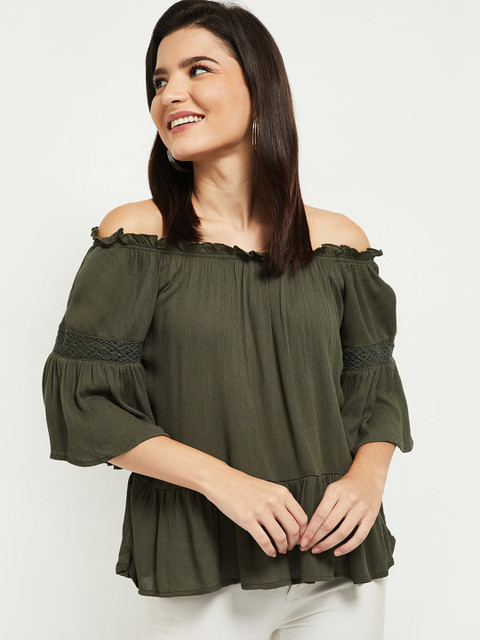 

max Women Green Off-Shoulder Bell Sleeve Bardot Top