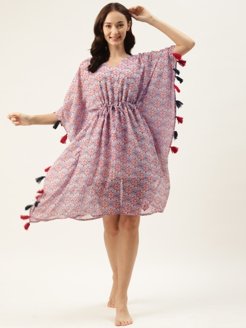 

COTCLO Pink & Blue Printed Kaftan Nightdress with Tassels