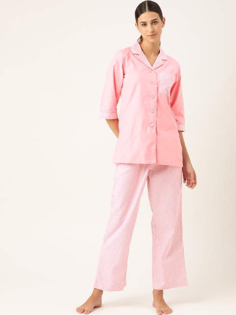 

COTCLO Women Pink & White Striped Pure Cotton Night suit