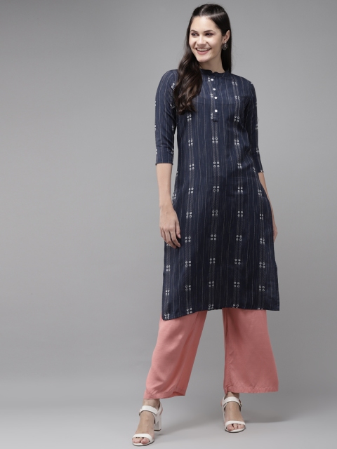

Yufta Women Navy Blue & White Cotton Striped Kurta
