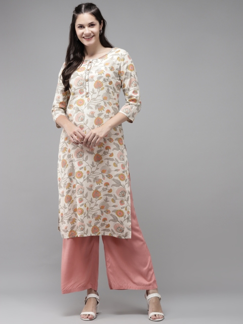 

Yufta Women Cream-Coloured & Mustard Yellow Ethnic Motifs Printed Kurta