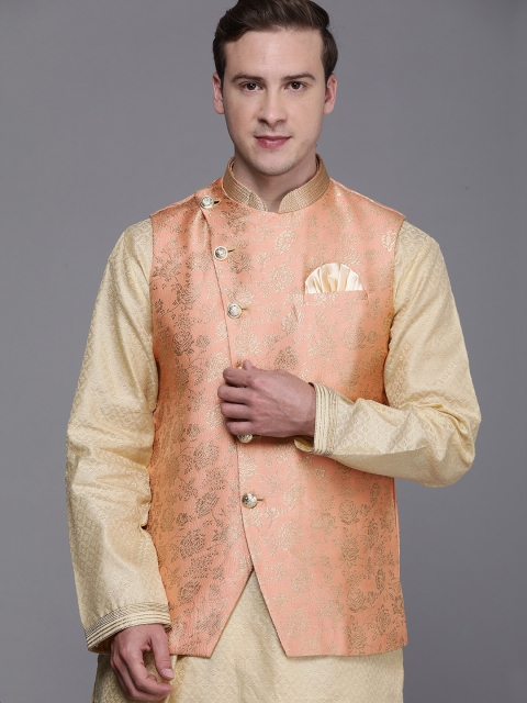 

Manyavar Peach Coloured & Gold-Toned Art Silk Jacquard Woven Design Nehru Jacket