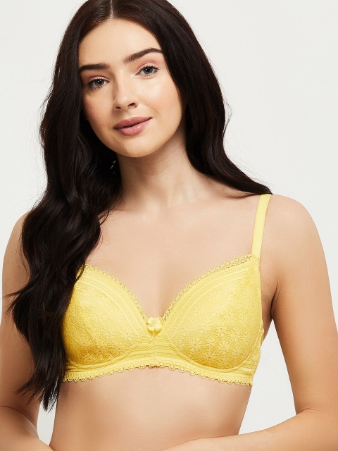 

max Lemon Yellow Lace Floral Patterned Everyday Bra - Underwired Lightly Padded
