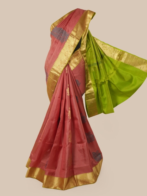 

Pothys Rust & Green Ethnic Motifs Woven Design Zari Pure Silk Kanjeevaram Saree