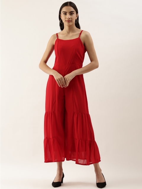 

AND Red Solid Cold Shoulder Sleeves Flared Fringed Jumpsuit