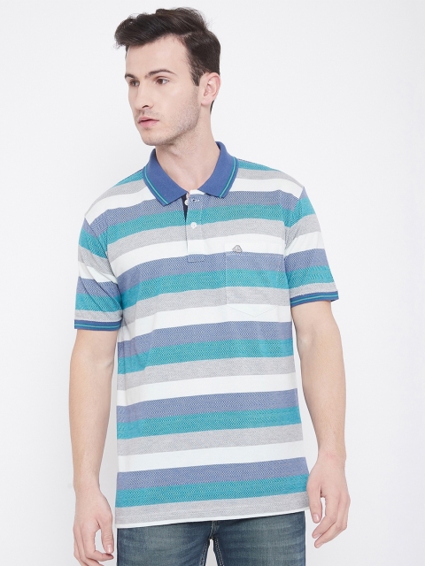 

Duke Men Blue & White Striped Polo Collar Cotton T-shirt