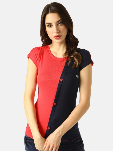 

V2 Value & Variety Women Red & Black Colourblocked T-Shirt