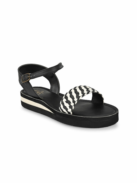 

Zebba Women Black & White PU Comfort Sandals With Buckle Starp