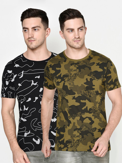 

ELEGANCE Men Pack Of 2 Printed T-shirt, Olive