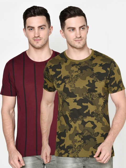 

ELEGANCE Men Pack Of 2 Maroon & Green Printed T-shirt
