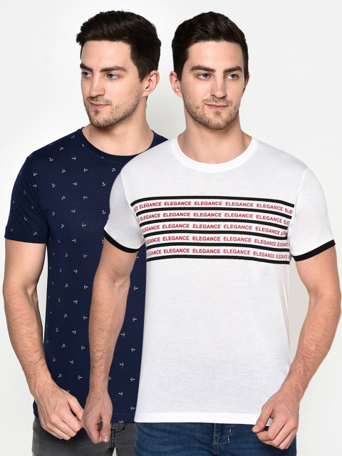 

ELEGANCE Men Pack Of 2 White & Navy Blue Printed T-shirt