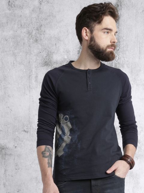 

Roadster Men Navy Printed Henley T-shirt, Navy blue