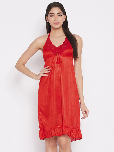 

SECRETS BY ZEROKAATA Women Red Solid Satin Baby Doll
