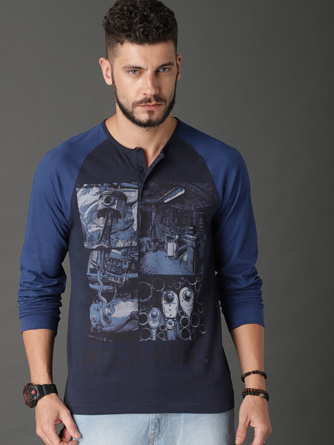 

Roadster Men Blue Printed Henley T-shirt
