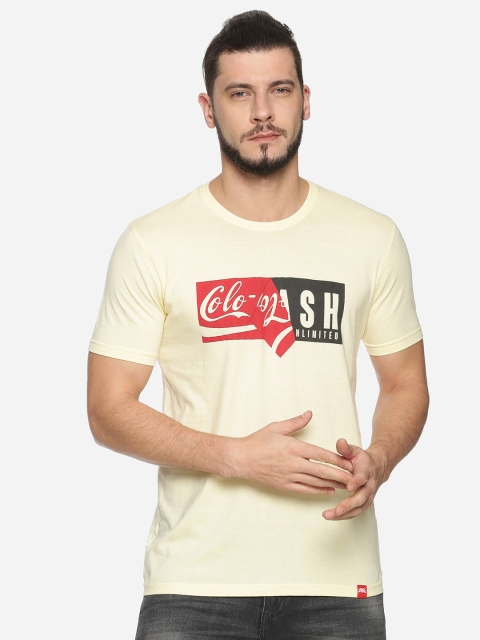 

MASH UNLIMITED Men Cream-Coloured Typography Printed Slim Fit Cotton T-shirt