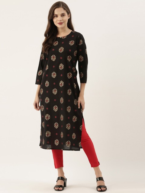 

BEVERLY BLUES Women Black Floral Printed Straight Kurta